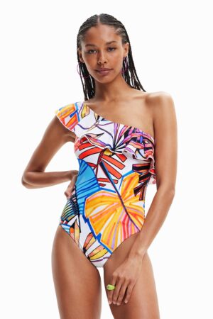 Costum de baie cu decolteu pe un umar si imprimeu tropical