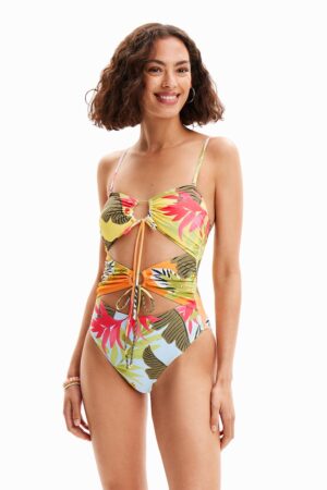 Costum de baie cu imprimeu tropical si decupaje