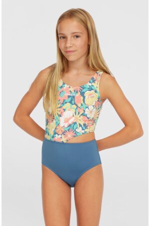 Costum de baie cu model floral si decupaj