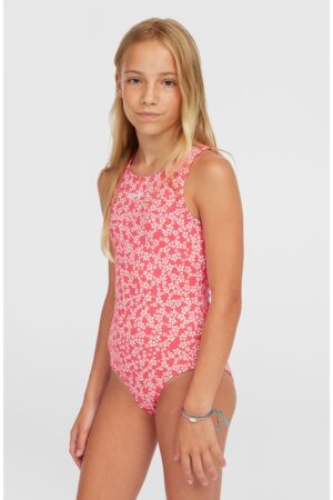 Costum de baie cu model floral si decupaj pe spate