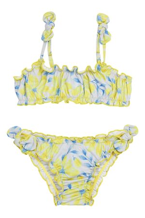 Costum de baie cu model floral si terminatii valurite