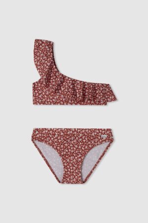 Costum de baie cu model floral si volane