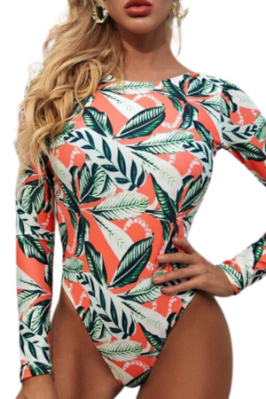 Costum de baie dama - o piesa - model floral - maneci lungi si spate gol - EFAYN