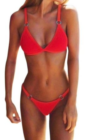 Costum de baie dama - rosu - 2 piese - imprimeu uni - sutien reglabil - slip tanga - EFAYN