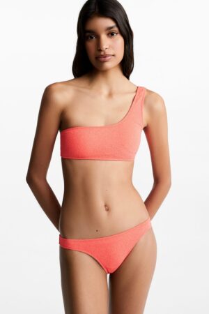 Costum de baie din doua piese cu decolteu pe un umar Coral
