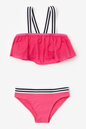 Costum de baie din doua piese cu dungi contrastante