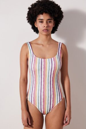 Costum de baie in doua piese cu aspect texturat si model in dungi