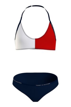 Costum de baie in doua piese cu decolteu halter si model colorblock