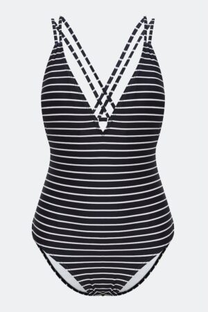 Costum de baie intreg cu decolteu in V si model in dungi