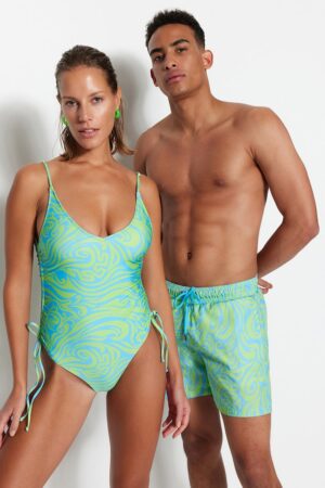 Costum de baie intreg cu imprimeu si snururi laterale de ajustare