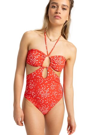 Costum de baie intreg cu model floral si decupaje