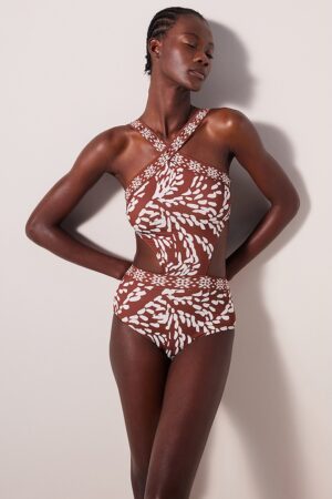Costum de baie intreg cu model si barete incrucisate frontale
