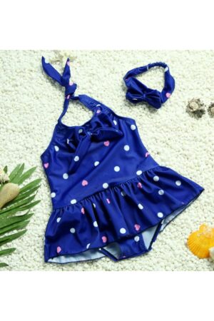 Costum de baie pentru fetite - accesorizat cu bentita elastica - prindere reglabila dupa gat - model body tip fustita - tematica buline vesele - EFAYN