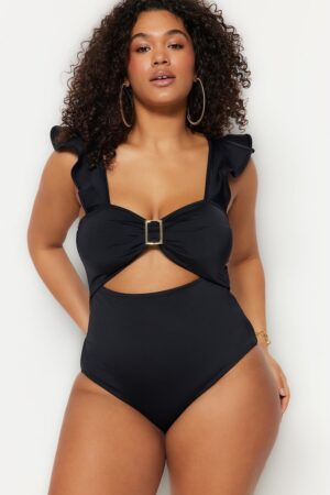 Costum de baie plus size intreg cu barete cu volane