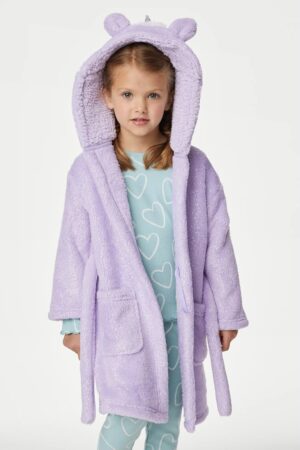 Halat de baie pufos cu gluga si design unicorn