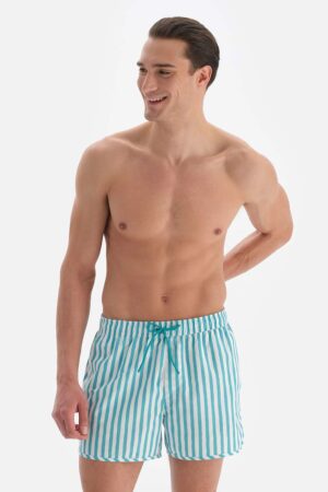 Pantaloni scurti de baie cu imprimeu cu dungi si snur