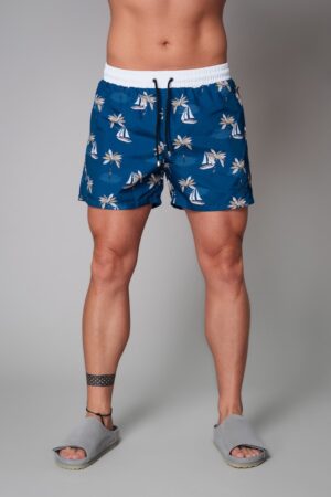 Pantaloni scurti de baie cu imprimeu grafic si buzunare laterale