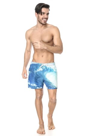 Pantaloni scurti de baie cu imprimeu si snur de ajustare in talie