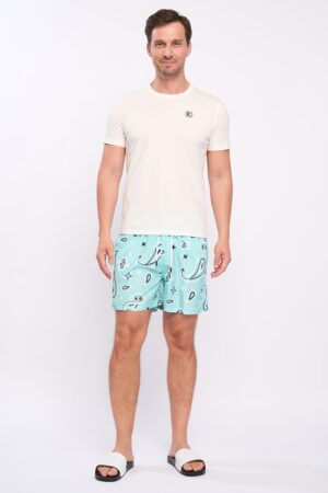 Pantaloni scurti de baie cu imprimeu si snur in talie