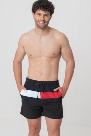 Pantaloni scurti de baie cu logo si snur de ajustare in talie