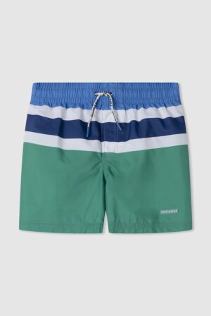 Pantaloni scurti de baie cu model colorblock si snur