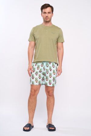 Pantaloni scurti de baie cu model tropical si talie ajustabila