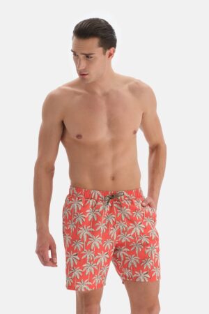 Pantaloni scurti de baie cu snur in talie si imprimeu tropical