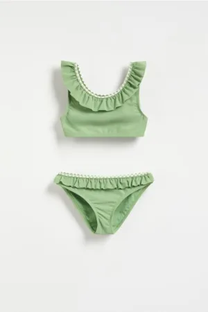 Reserved - Costum de baie brodat din două piese - verde-oliv deschis