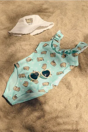 Reserved - Costum de baie întreg Pusheen - verde-pal