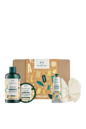 Set Nourish & Flourish Almond Milk - Crema de dus cu lapte de migdale 250ml+Iaurt de corp cu lapte de migdale 200ml+Balsam de maini cu lapte de migdale 30ml+Mini burete de baie