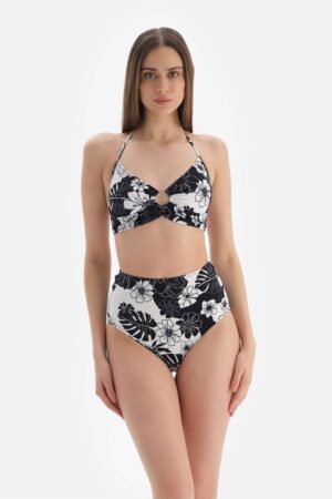 Sutien de baie cu model tropical si detaliu cu inel